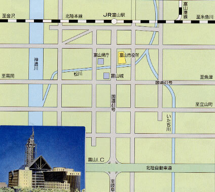 写真：富山市庁舎、地図：市役所周辺
