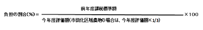 負担の割合（％）＝前年度課税標準額÷今年度評価額（市街化区域農地の場合は今年度評価額×1/3）×100