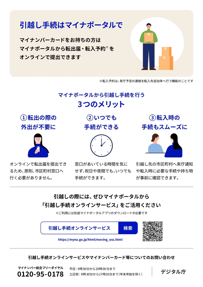 引越し手続はマイナポータルで マイナンバーカードをお持ちの方は マイナポータルから転出届・転入予約 ※ を オンラインで提出できます ※転入予約は、来庁予定の連絡を転入先自治体へ行う機能のことです マイナポータルから引越し手続を行う 3つのメリット 転出の際の 外出が不要に オンラインで転出届を提出でき るため、原則、市区町村窓口へ 行く必要がありません。 いつでも 手続ができる 窓口があいている時間を気に せず、祝日や夜間でも、いつでも 手続ができます。 転入時の 手続もスムーズに 引越し先の市区町村へ来庁通知 や転入時に必要な手続や持ち物 が事前に確認できます。 引越しの際には、ぜひマイナポータルから 「引越し手続オンラインサービス」をご活用ください ※ご利用には別途マイナポータルアプリのダウンロードが必要です