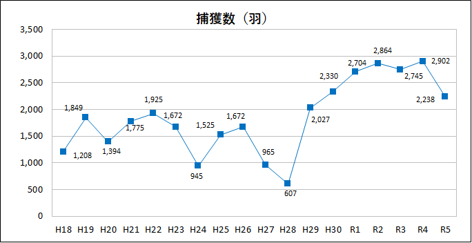 折れ線グラフ：捕獲数