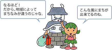 イラスト：「なるほど！だから、地域によってまちなみが違うのじゃな。」「こんな風にまちが出来てるのね。」