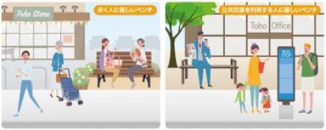イラスト：ベンチ設置場所イメージ　歩く人に優しいベンチ、公共交通を利用する人に優しいベンチ