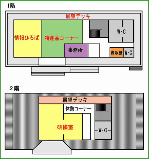 イラスト：施設案内図　1階／展望デッキ、情報ひろば、特産品コーナー、事務所、自販機、トイレ　2階／展望デッキ、研修室、休憩コーナー、トイレ