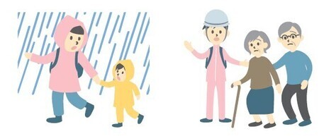 イラスト：2人以上で避難、お年寄りなどの避難に協力