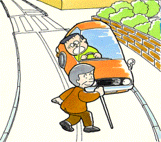 イラスト：横断歩道ではない場所を渡る高齢者