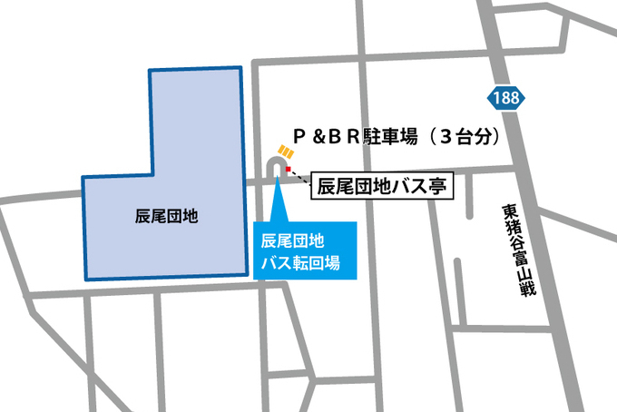 P＆BR専用駐車場（辰尾団地バス転回場）の位置図